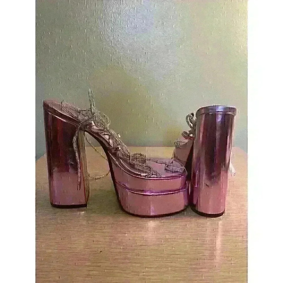 womens pink barbiecore strappy square toe block heel platform SZ 7.5 rhinestone - Picture 10 of 14